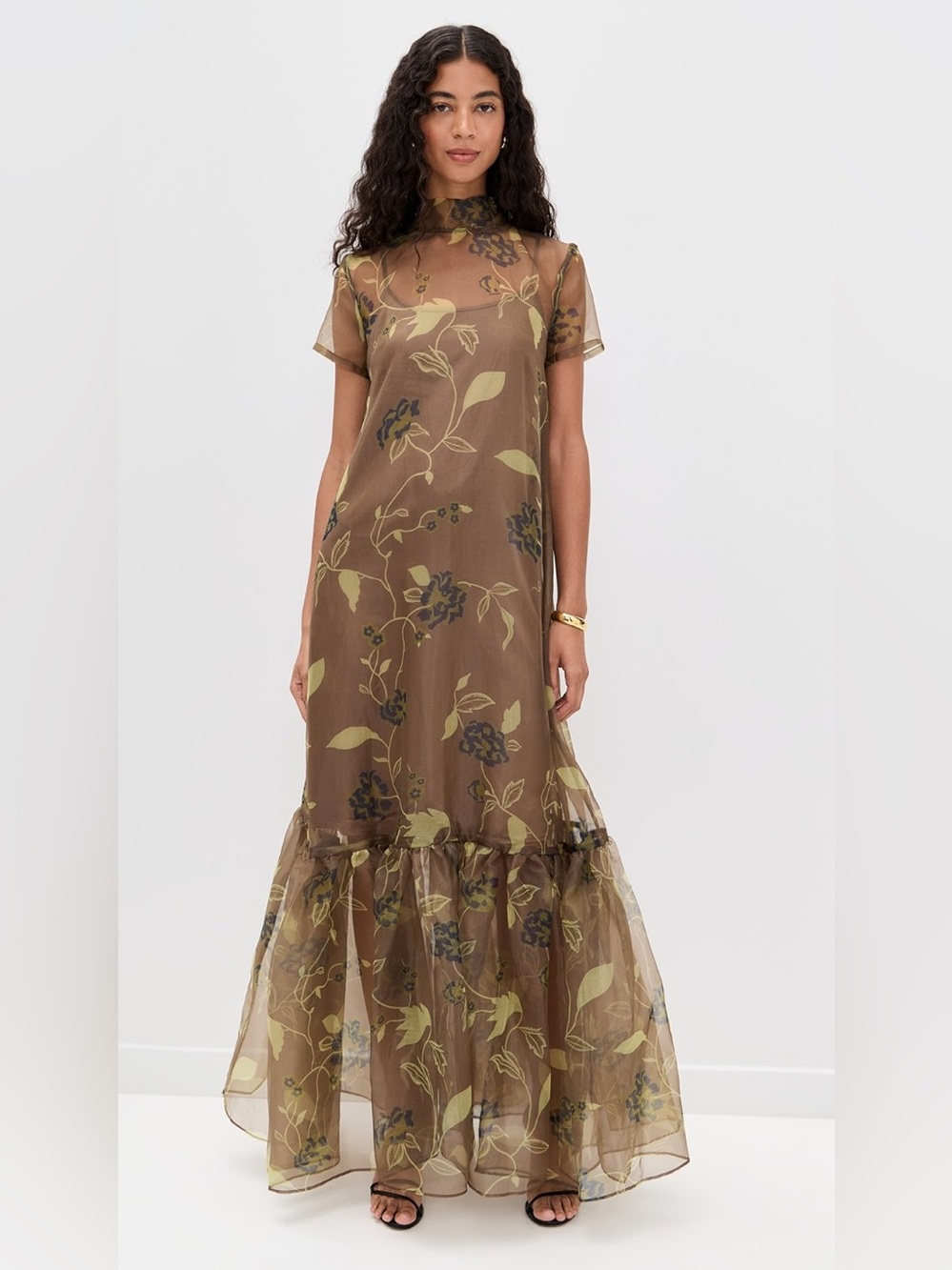 STAUD Calluna Dress Brown Floral Sheer Maxi Dress with Floral Accents - Picture 2 of 9